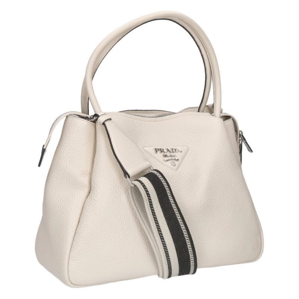 Prada Logo Strap Vitello Daino Leather Handbag White